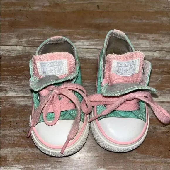 VGUC Converse All Stars Toddlers Size 4 mint/pink - Picture 4 of 9
